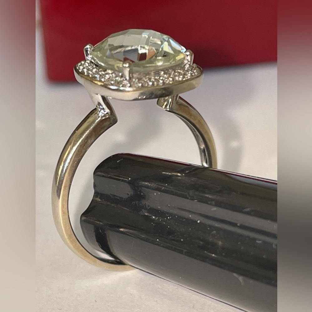 Dazzling White Gold Pale Green Prasiolite And Diamond Halo Ring - Picture 8 of 16